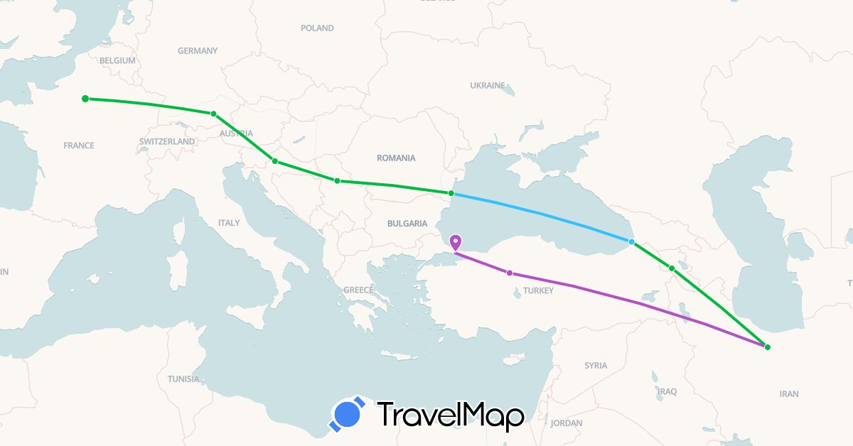 TravelMap itinerary: driving, bus, train, boat in Armenia, Germany, France, Georgia, Croatia, Iran, Romania, Serbia, Turkey (Asia, Europe)